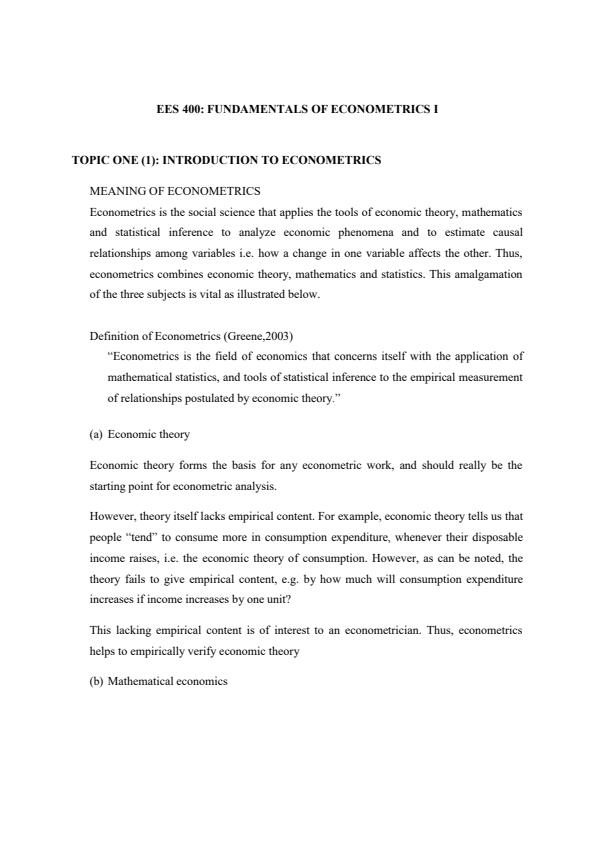 Page 1 – EES 400: Fundamentals of Econometrics I Notes – Kenyaplex