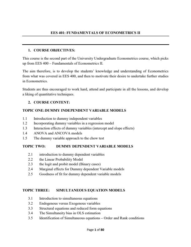 Page 1 – EES 401: Fundamentals of Econometrics II Notes – Kenyaplex
