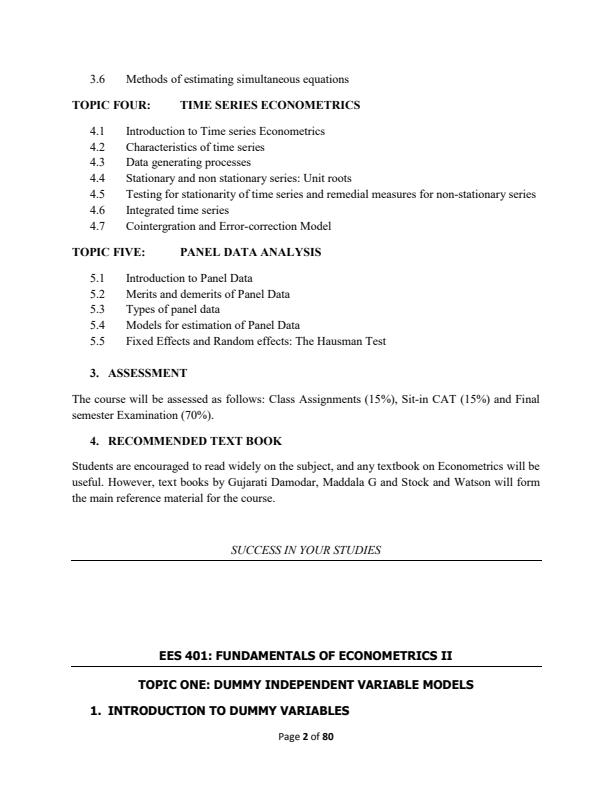 Page 2 – EES 401: Fundamentals of Econometrics II Notes – Kenyaplex