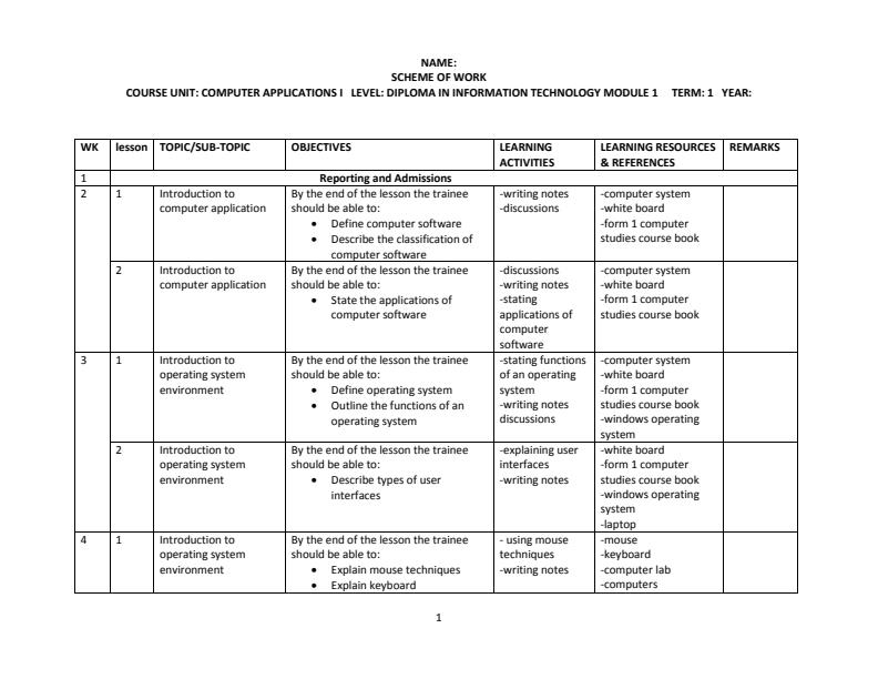 Page 1 – Diploma in ICT: Computer Applications I Schemes of Work term 1 – Kenyaplex