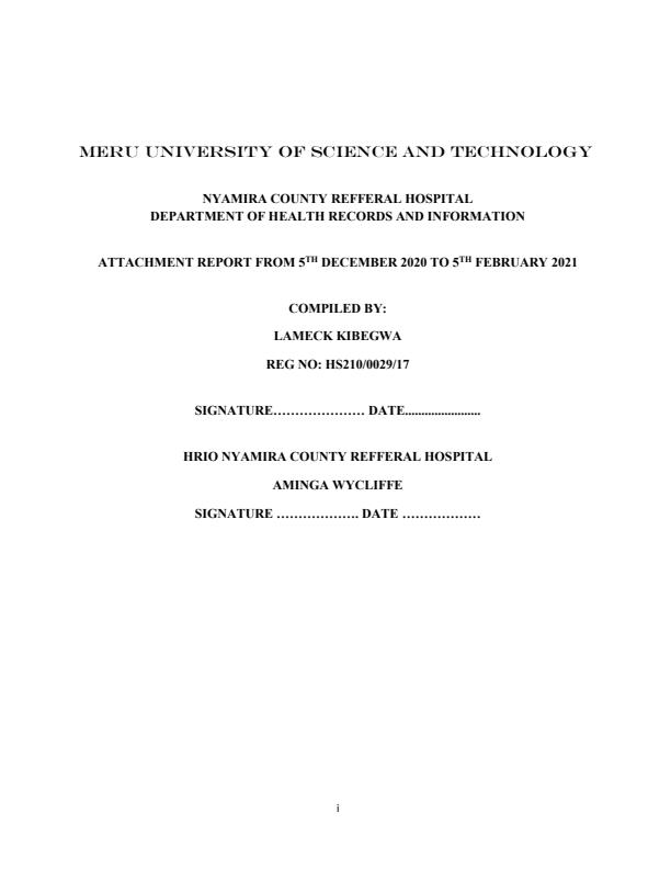 Page 1 – Sample Health Records and Information Management  Attachment Report in Ms Word Format – Kenyaplex