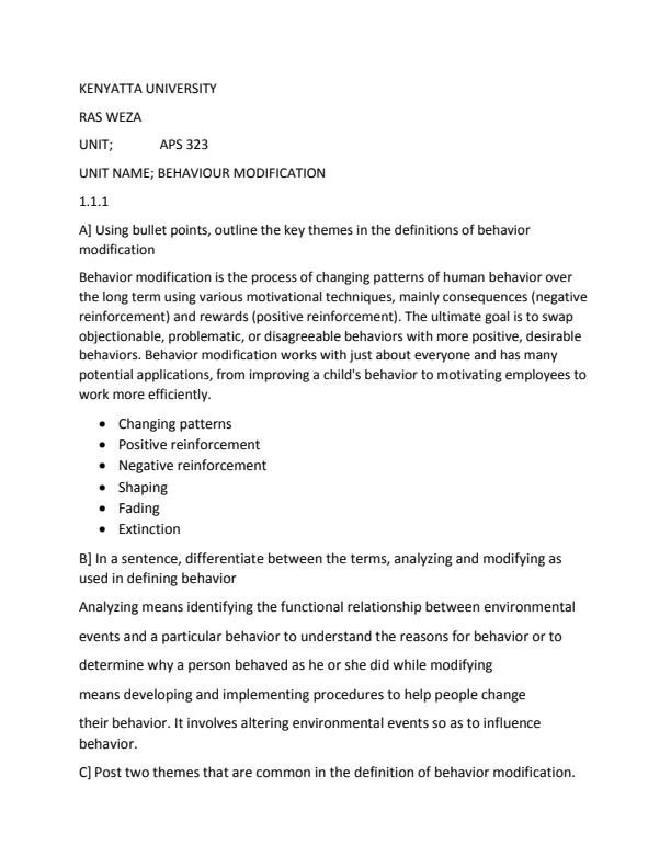 Page 1 – APS 323: Behaviour Modification: Key themes in the Definitions of Behavior Modification – Kenyaplex
