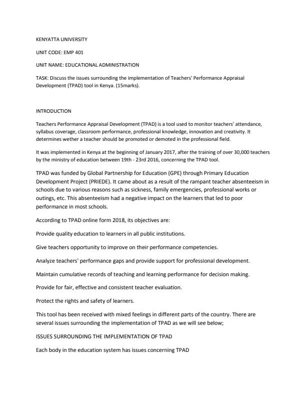 Page 1 – Discuss the issues surrounding the implementation of Teachers