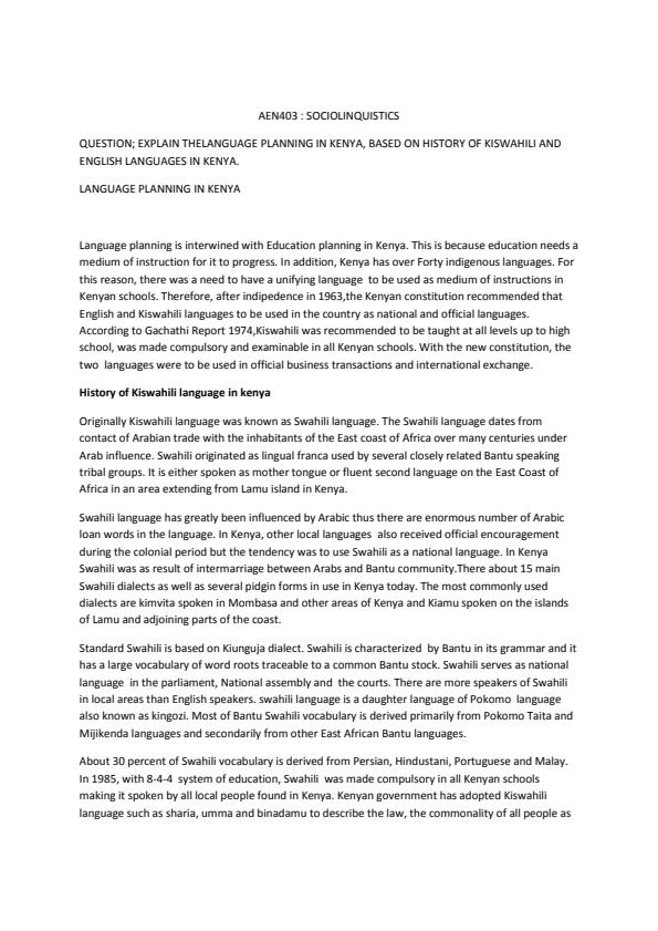 Page 1 – Explain the language planning in Kenya, based on history of Kiswahili and English languages in Kenya – Kenyaplex