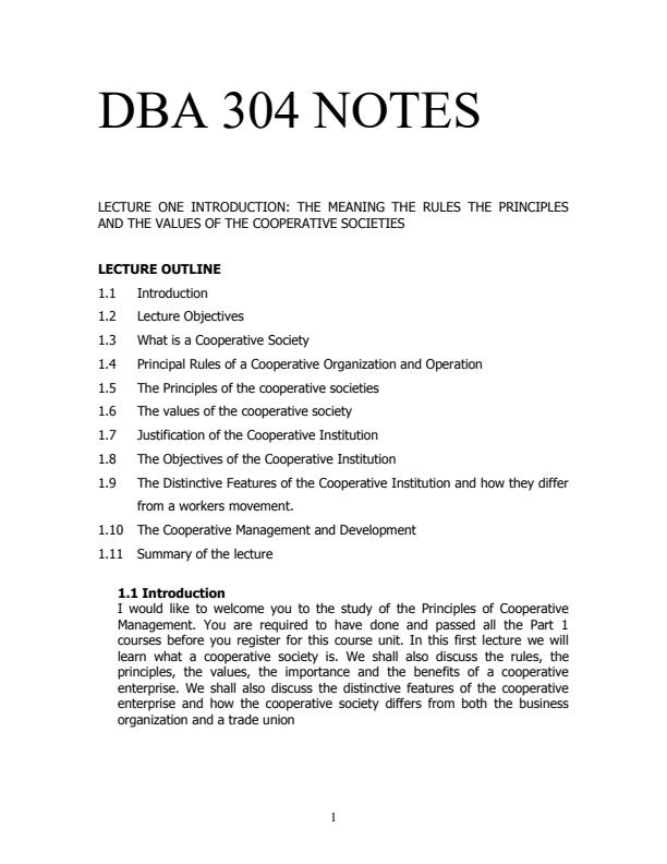 Page 1 – DBA 304: Principles of Cooperative Management Notes – Kenyaplex