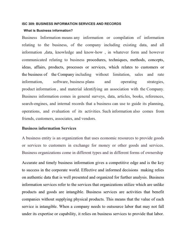Page 1 – ISC 309: Business Information Services and Records Notes – Kenyaplex