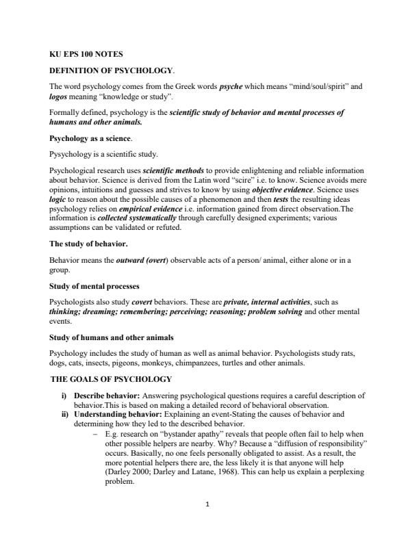 Page 1 – EPS 100: Introduction to Psychology Notes – Kenyaplex