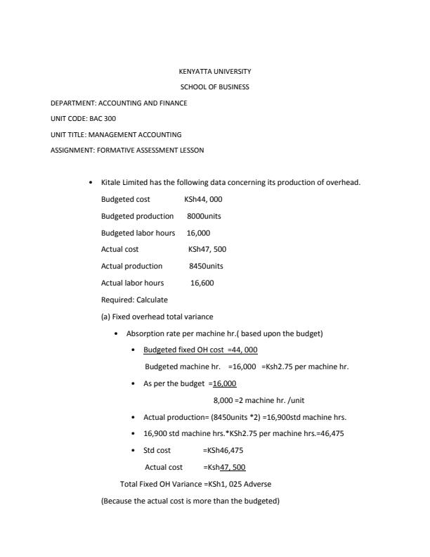 Page 1 – BAC 300: Management Accounting 1 Assignment With Answers – Kenyaplex