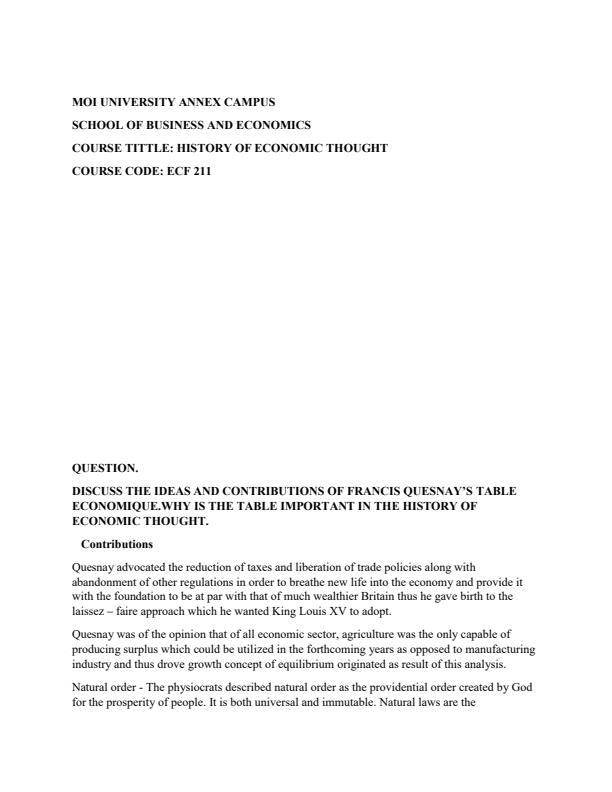 Page 1 – Discuss the ideas and contributions of Francis Quesnay’s table economique. Why is the table important in the history of economic thought? – Kenyaplex