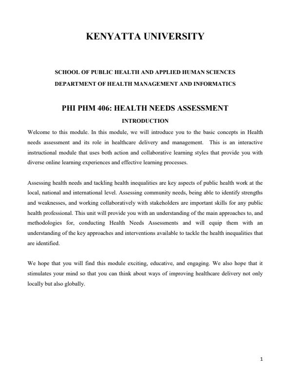 Page 1 – PHM 406: Health Needs Assessment Notes – Kenyaplex