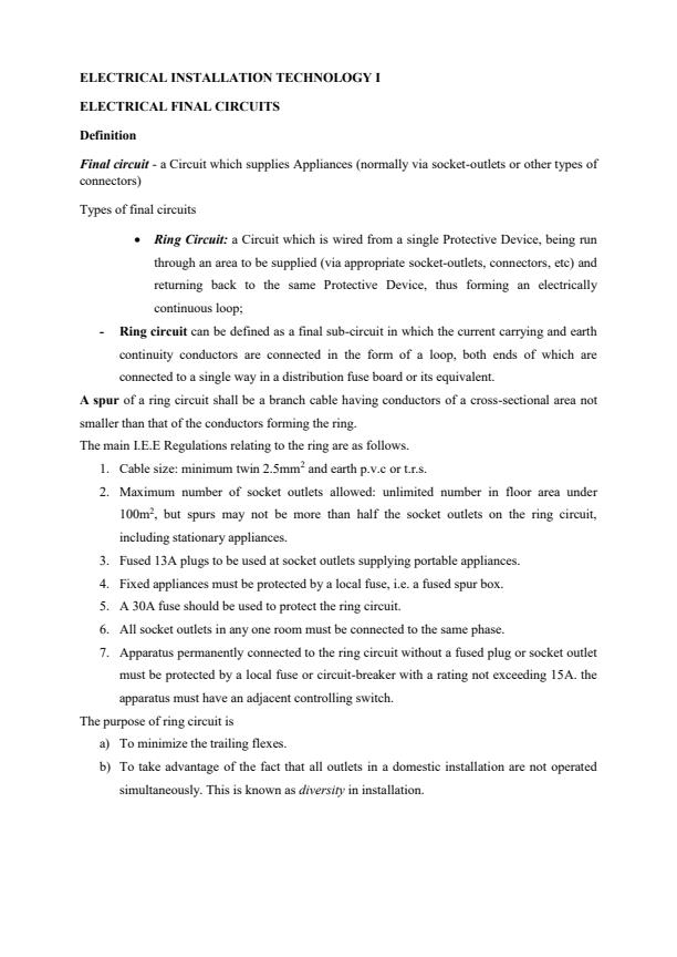 Page 1 – Electrical Installation Technology I Notes – Kenyaplex