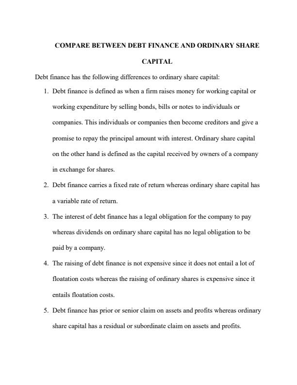Page 1 – Compare between debt finance and ordinary share capital – Kenyaplex