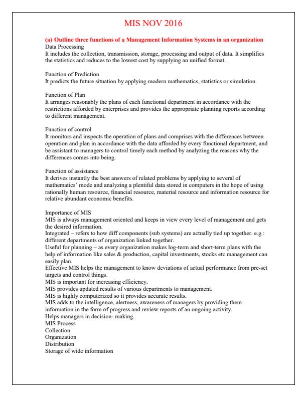 Page 1 – KNEC NOV 2016 Diploma in ICT Management Information System Questions and Answers – Kenyaplex