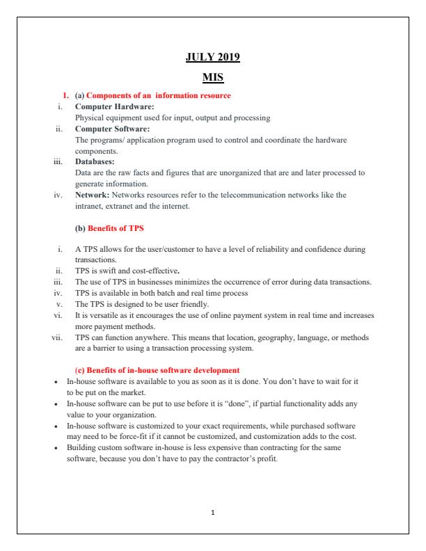 Page 1 – KNEC July 2019 Diploma in ICT Management Information System Questions and Answers – Kenyaplex