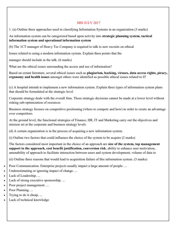 Page 1 – KNEC July 2017 Diploma in ICT Management Information System Questions and Answers – Kenyaplex