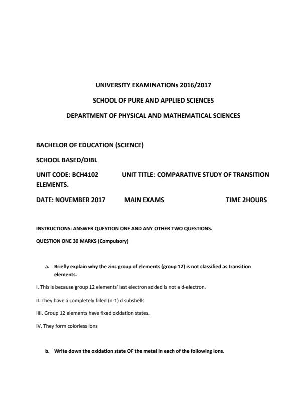 Page 1 – BCH 4102: Comparative Study of Transition Elements Solved Questions – Kenyaplex