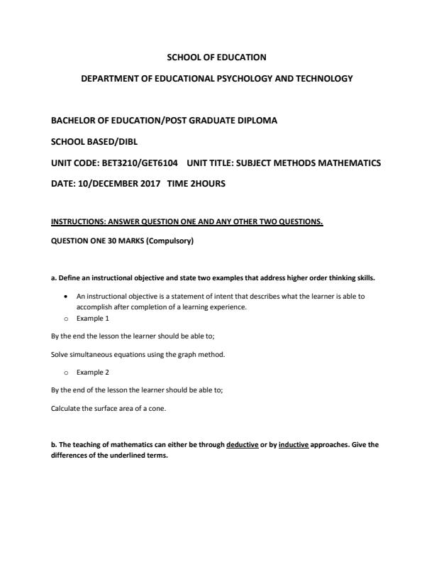 Page 1 – Subject Methods Mathematics Solved Past Papers: Questions and Answers – Kenyaplex