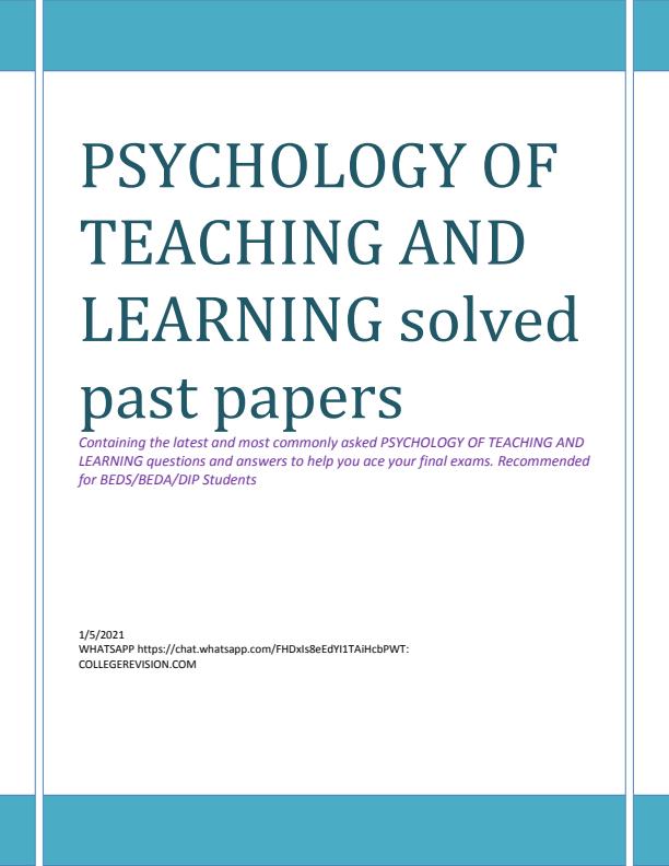 Page 1 – Psychology of Teaching and Learning Solved Past Papers: Questions and Answers – Kenyaplex