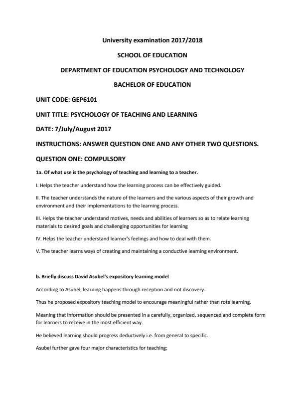 Page 2 – Psychology of Teaching and Learning Solved Past Papers: Questions and Answers – Kenyaplex