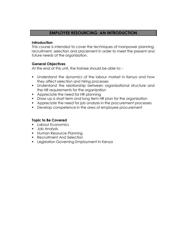 Page 4 – Employee Resourcing Notes: Higher Diploma in Human Resource Management – Kenyaplex