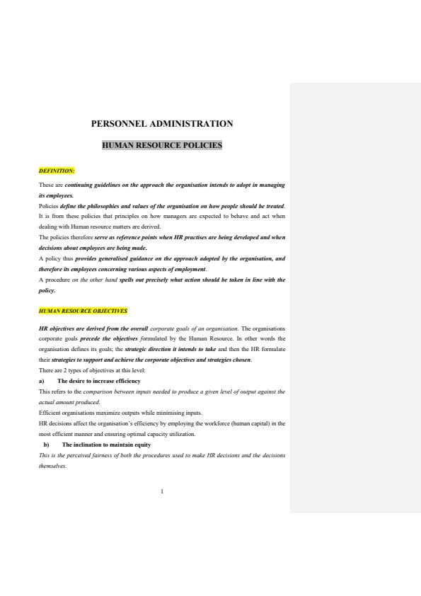 Page 1 – Personnel Administration Notes: Higher Diploma in Human Resource Management – Kenyaplex