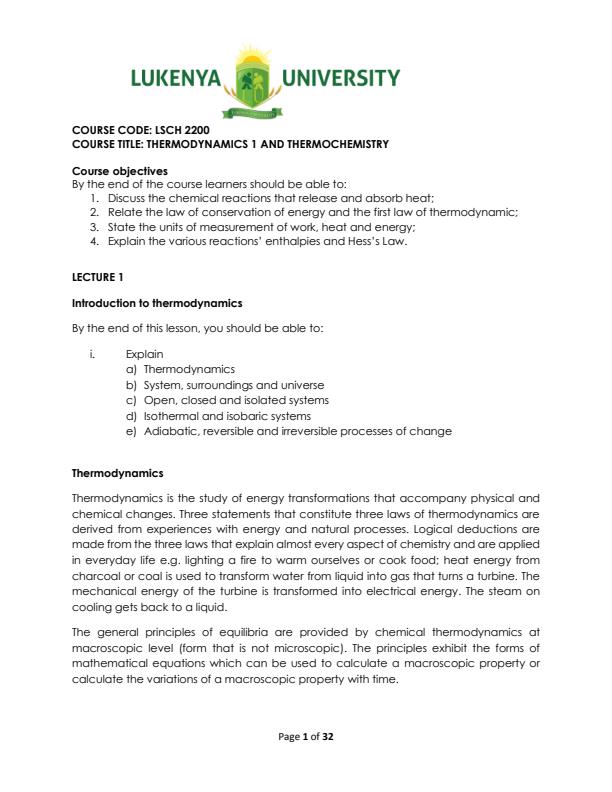 Page 1 – SCH 2200: Thermodynamics 1 and Thermochemistry Notes – Kenyaplex