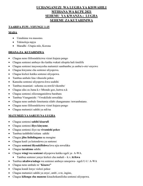 Page 1 – KCPE Kiswahili Utabiri wa lugha na Sehemu Zinazotahiniwa katika mtihani wa kitaifa – Kenyaplex