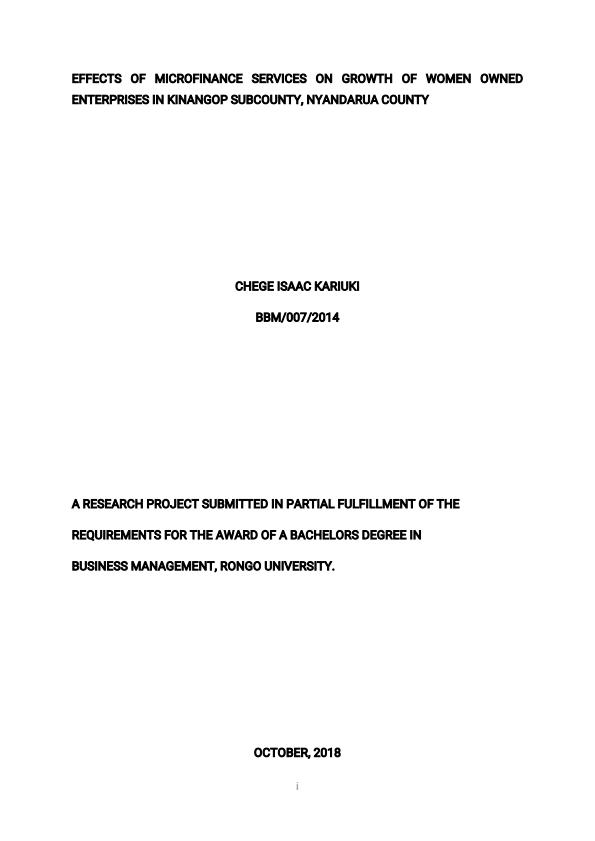 Page 1 – Research Project: Effects of Microfinance Services on Growth of Women Owned Enterprises in Kinangop Subcounty, Nyandarua County – Kenyaplex