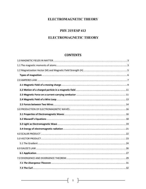Page 1 – PHY 315/ ESP 413: Electromagnetic Theory Notes – Kenyaplex