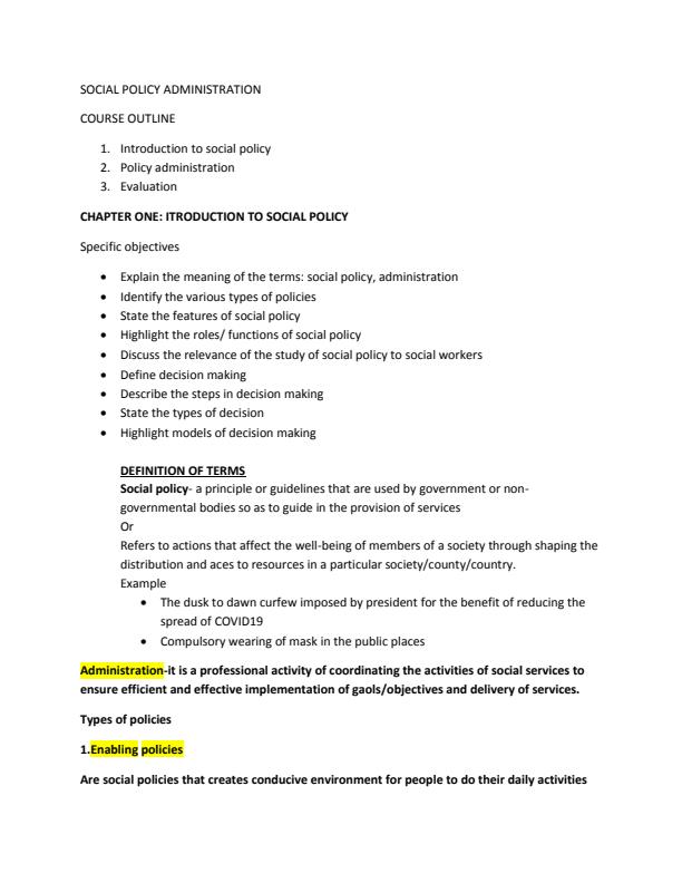 Page 1 – Social Policy Administration Notes: Diploma in Social Work and Community Development Module III – Kenyaplex