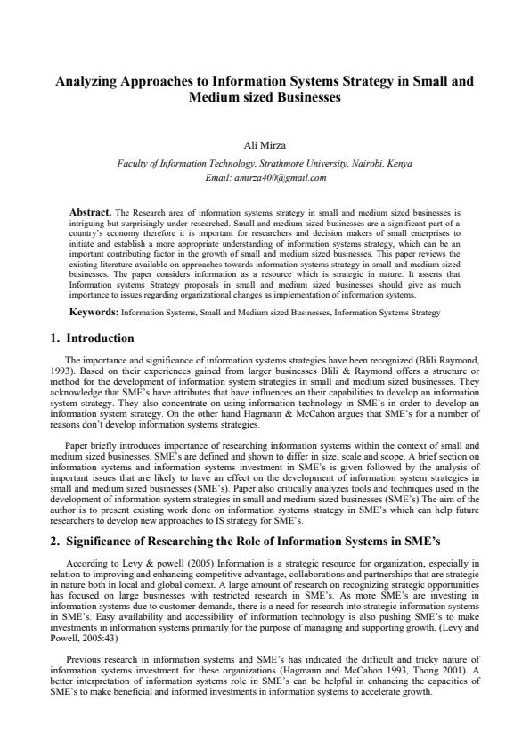 Page 1 – Analyzing Approaches to Information Systems Strategy in Small and Medium sized Businesses – Kenyaplex