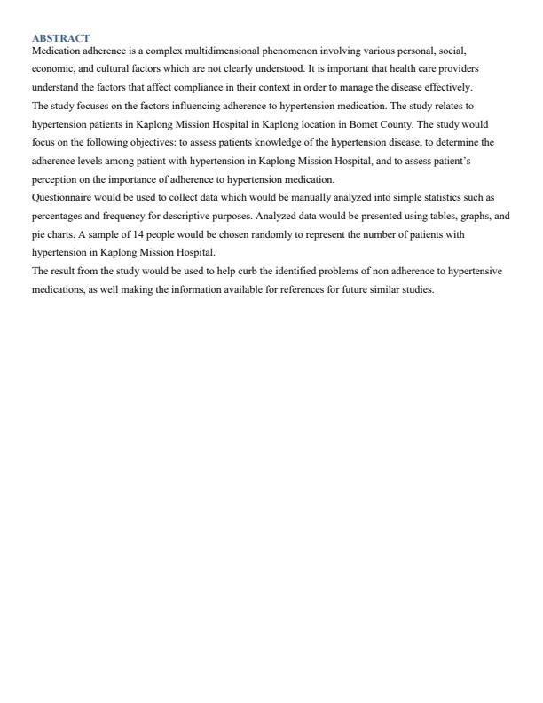 Page 4 – Assessing the factors influencing adherence to hypertension medication among hypertensive patients attending Kaplong Mission Hospital. – Kenyaplex