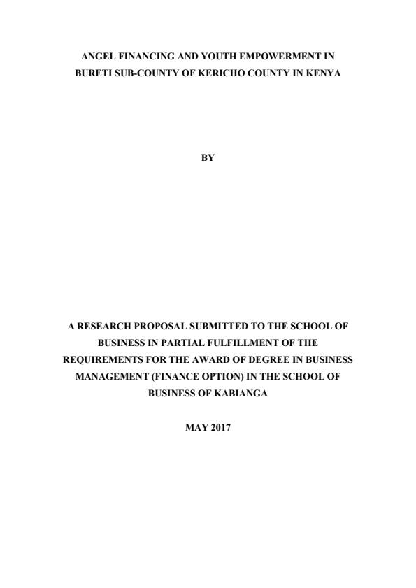 Page 1 – Research Proposal: Angel Financing and Youth Empowerment in Bureti Sub-County of Kericho County in Kenya – Kenyaplex