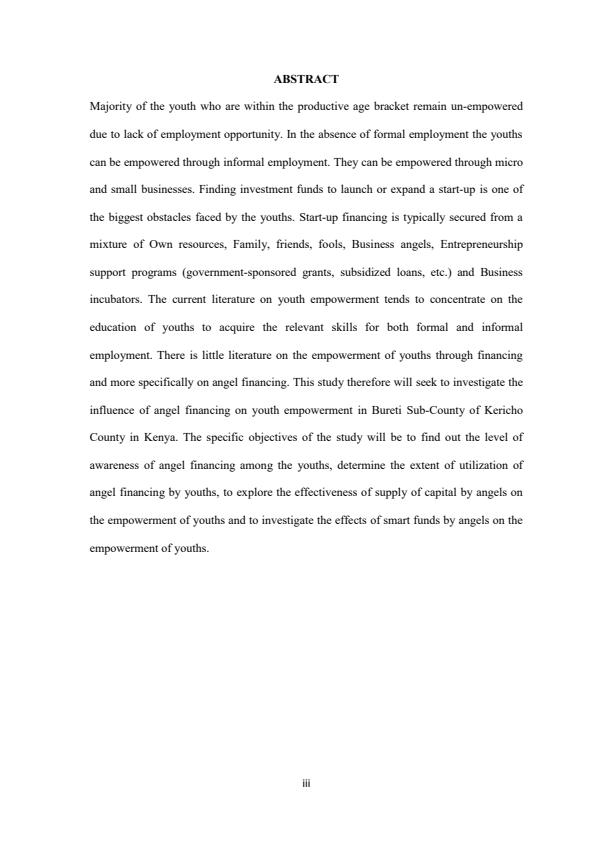 Page 3 – Research Proposal: Angel Financing and Youth Empowerment in Bureti Sub-County of Kericho County in Kenya – Kenyaplex
