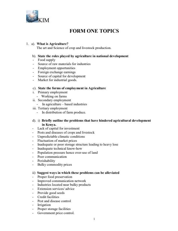 Page 1 – Agriculture Revision Questions and Answers: Form 1 to Form 4 : All Topics – Kenyaplex