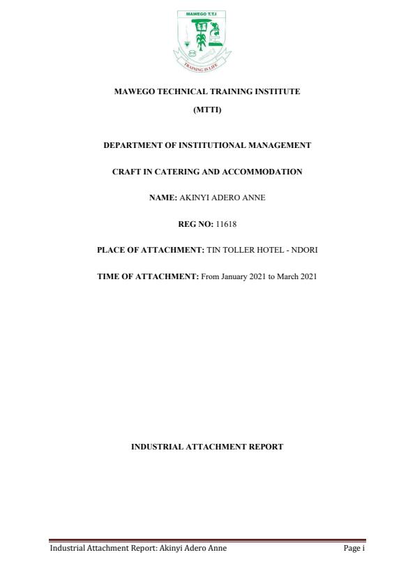 Page 1 – Sample Certificate in Catering and Accommodation Attachment Report – Kenyaplex