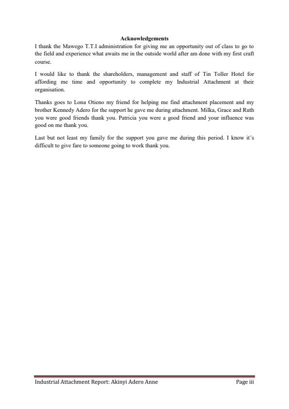 Page 3 – Sample Certificate in Catering and Accommodation Attachment Report – Kenyaplex