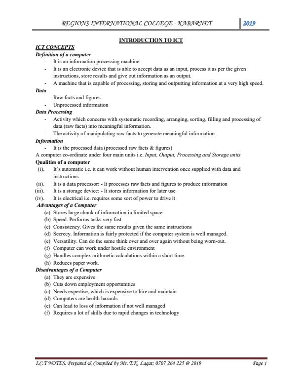 Introduction to ICT Notes: Certificate/Diploma in ICT - 11291
