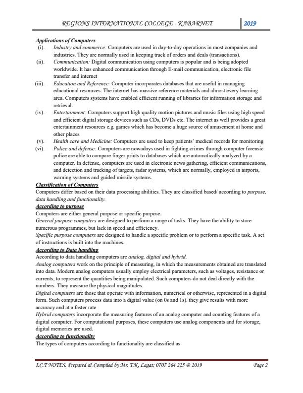 Page 2 – Introduction to ICT Notes: Certificate/Diploma in ICT – Kenyaplex