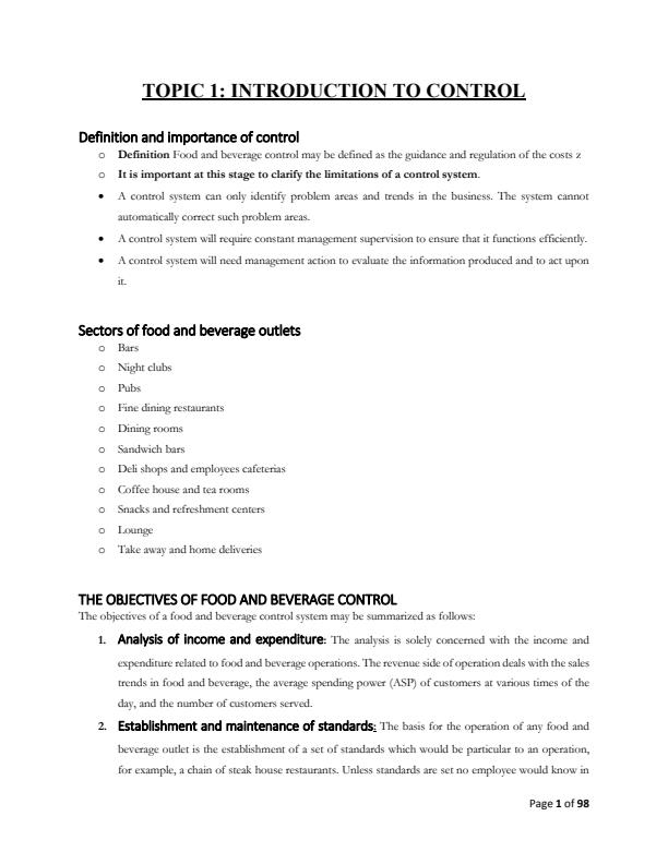 Page 1 – Diploma in Catering and Accommodation: Food and Beverage Control Notes – Kenyaplex