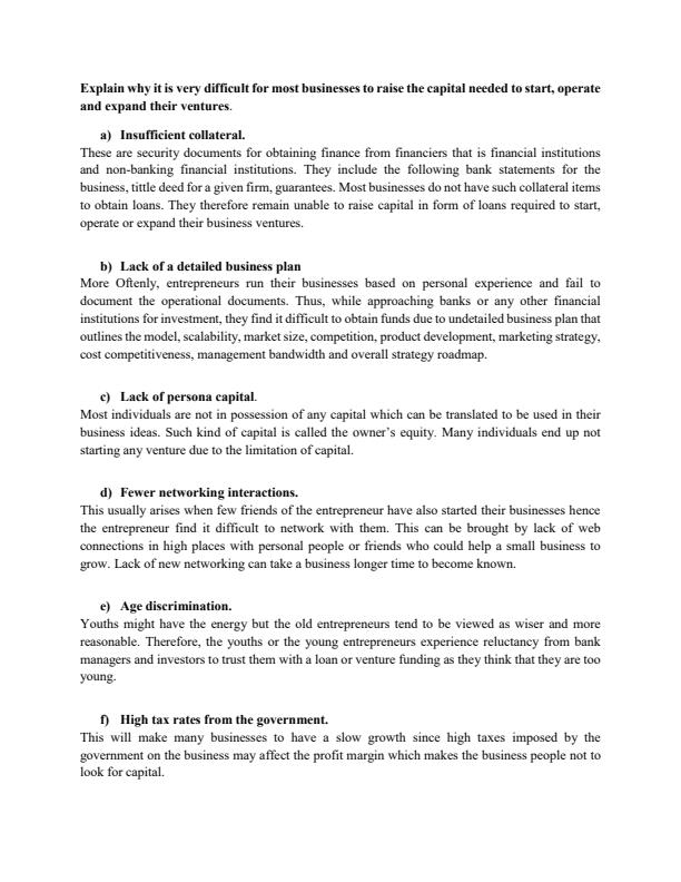 Page 1 – Explain why it is very difficult for most businesses to raise the capital needed to start, operate and expand their ventures – Kenyaplex
