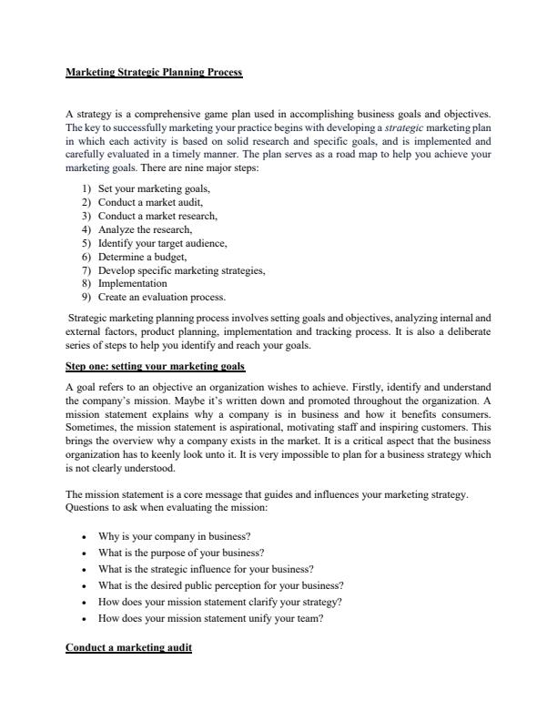 Page 1 – Marketing Strategic Planning Process – Kenyaplex