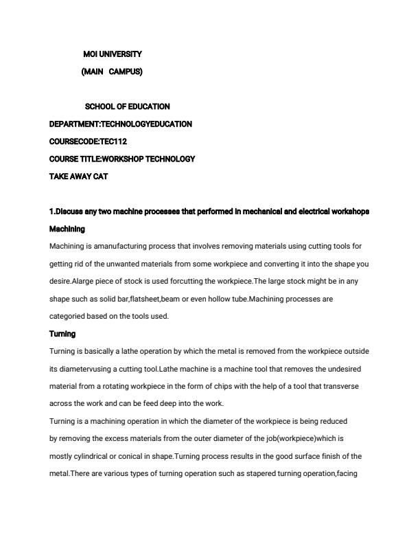 Page 1 – TEC 112: Workshop Technology Sample CAT Questions and Answers – Kenyaplex