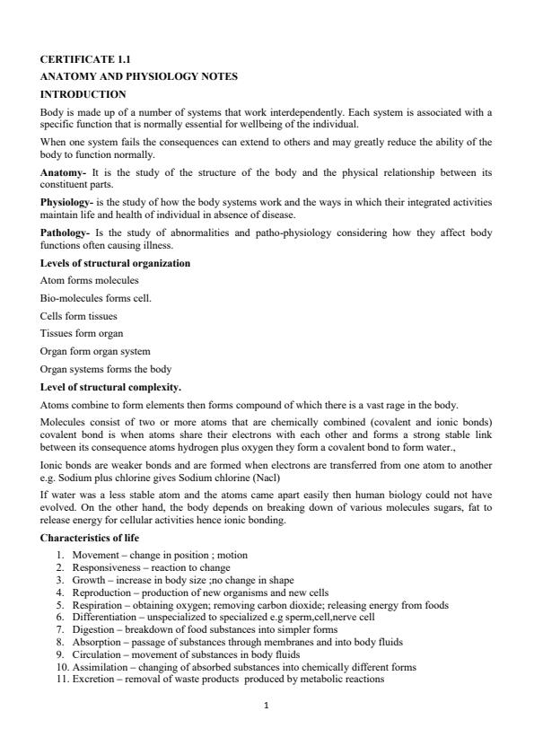 Page 1 – PEG 2001: Anatomy and physiology Notes 1st Year 1st semester – Kenyaplex