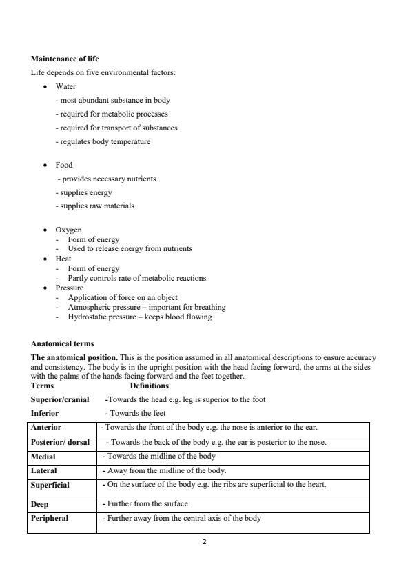 Page 2 – PEG 2001: Anatomy and physiology Notes 1st Year 1st semester – Kenyaplex