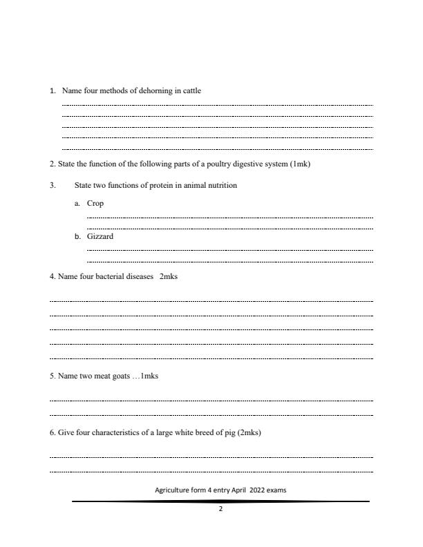 Form 4 Agriculture Paper 2 April Entry Exams 2022(with marking scheme