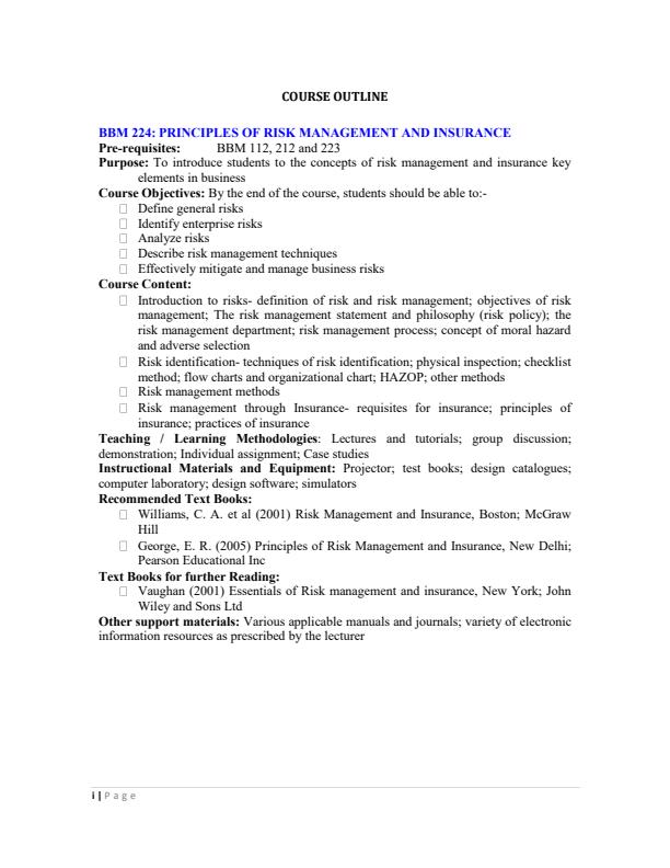Page 1 – BBM 224: Principles of Risk Management and Insurance Notes – Kenyaplex