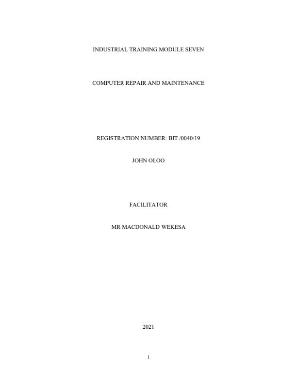 Page 1 – Report on Computer Repair and Maintenance (Industrial Training) – Kenyaplex