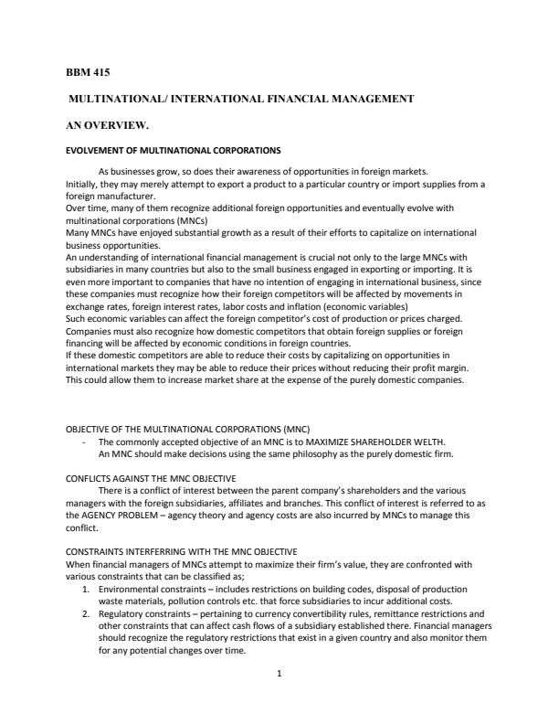 Page 1 – BBM 415 Multi-National/International Financial Management Notes – Kenyaplex