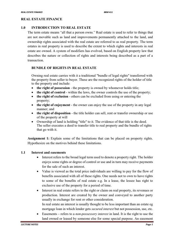 Page 1 – BBM 411: Real Estate Finance Notes – Kenyaplex
